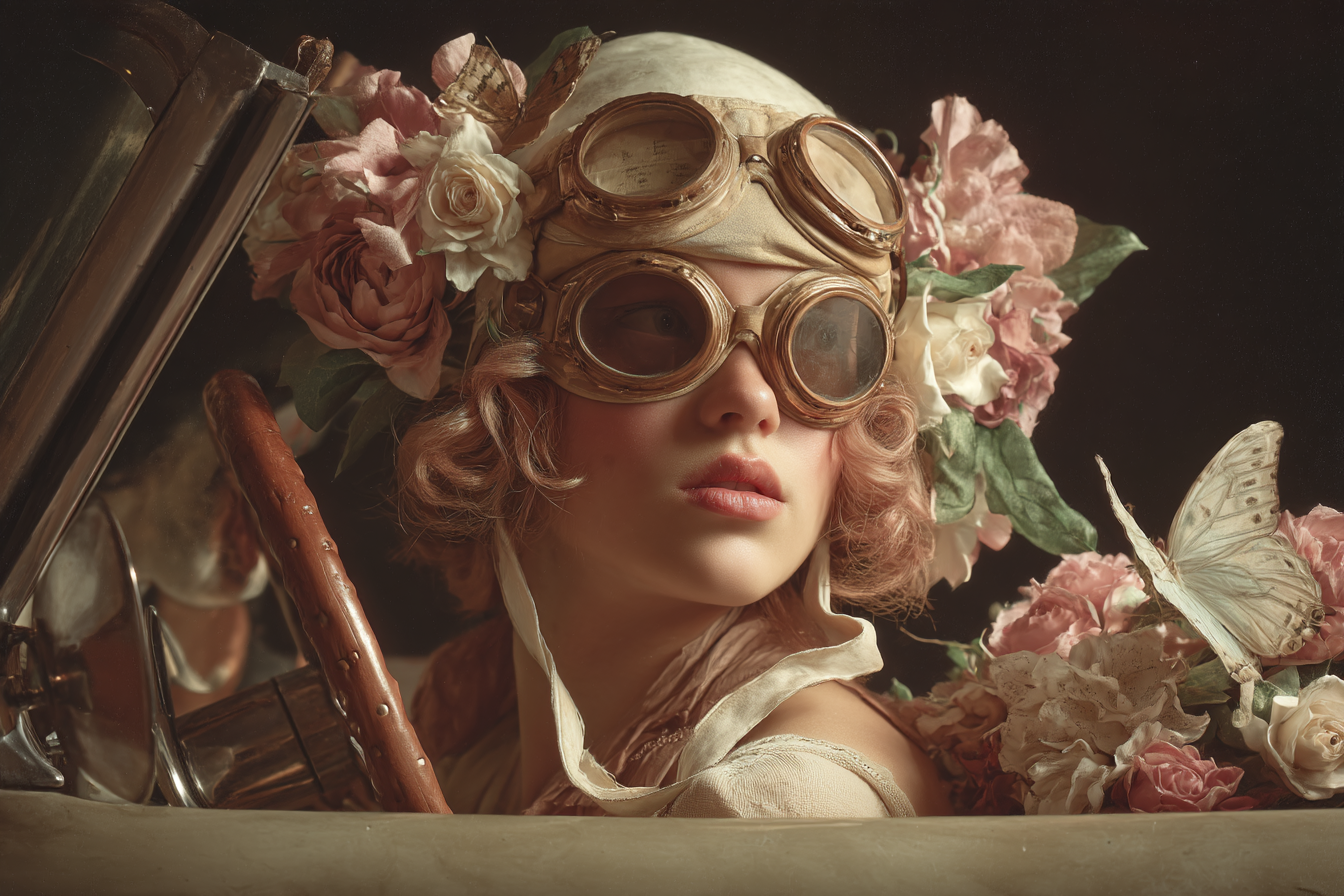 Junges Maedchen Vintage Aesthik Mit Goggles Umgeben Von Blumen Abenteuer Fahrzeug | Digital Art | Kunstgattungen