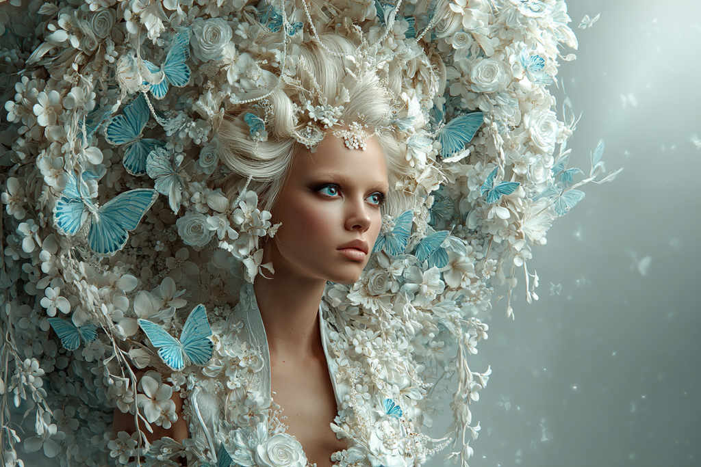 Kreatives Haarstyling Mit Blumen Und Schmetterlingen Traeumende Ausstrahlung | Digital Art | Kunstgattungen