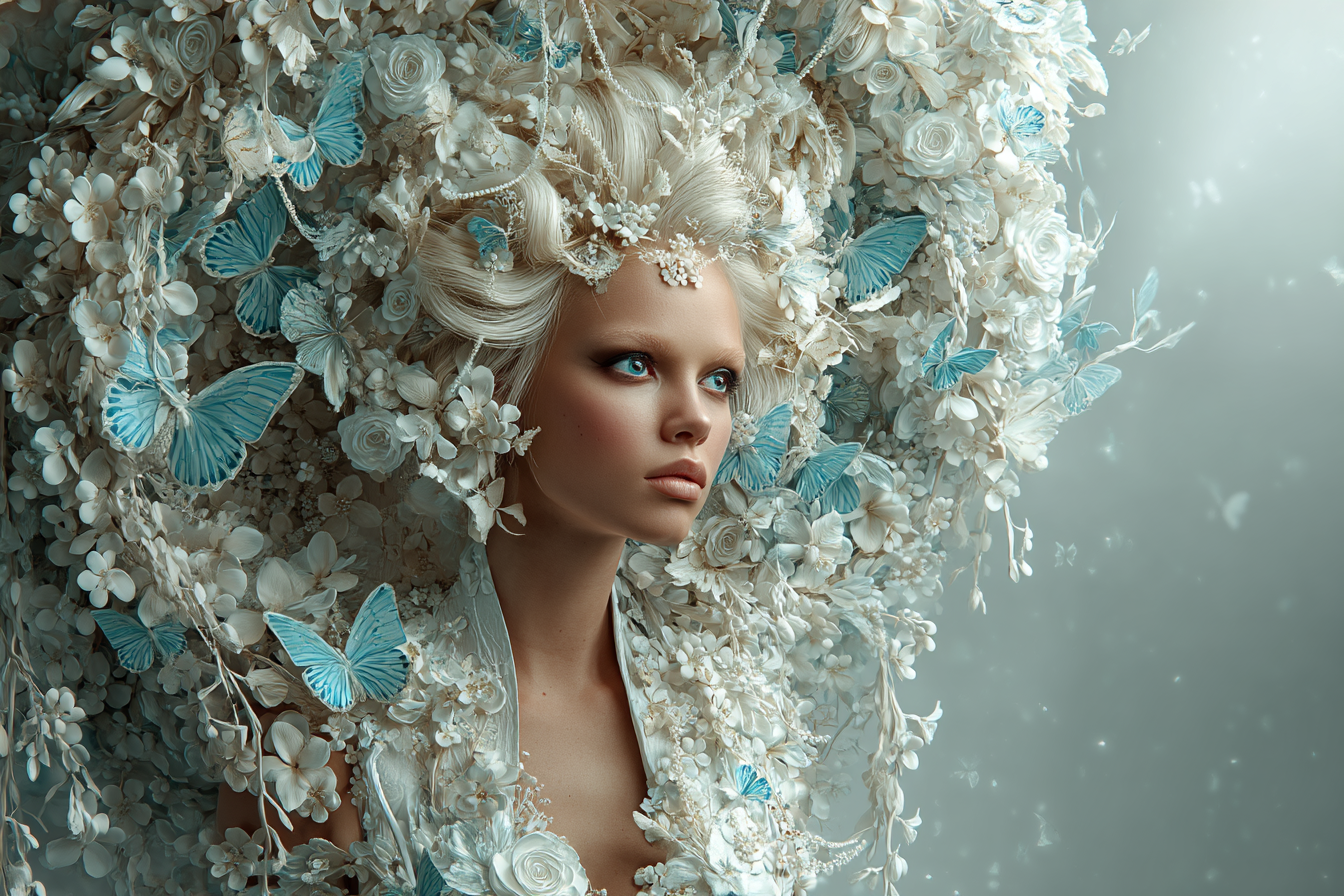 Kreatives Haarstyling Mit Blumen Und Schmetterlingen Traeumende Ausstrahlung | Digital Art | Kunstgattungen