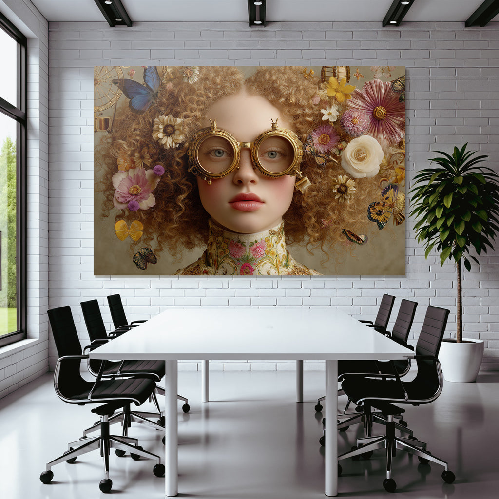 Kreatives Portraet Mit Lockigem Haar Goldenen Goggles Blumen Und Schmetterlingen