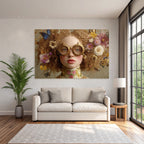 Kreatives Portraet Mit Lockigem Haar Goldenen Goggles Blumen Und Schmetterlingen