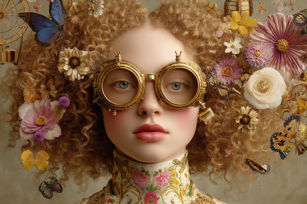 Kreatives Portraet Mit Lockigem Haar Goldenen Goggles Blumen Und Schmetterlingen | Digital Art | Kunstgattungen
