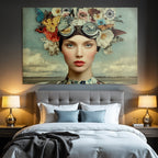 Kuenstlerisches Portraet Frau Blumen Und Schmetterlinge Mit Goggles Hintergrund Landschaft