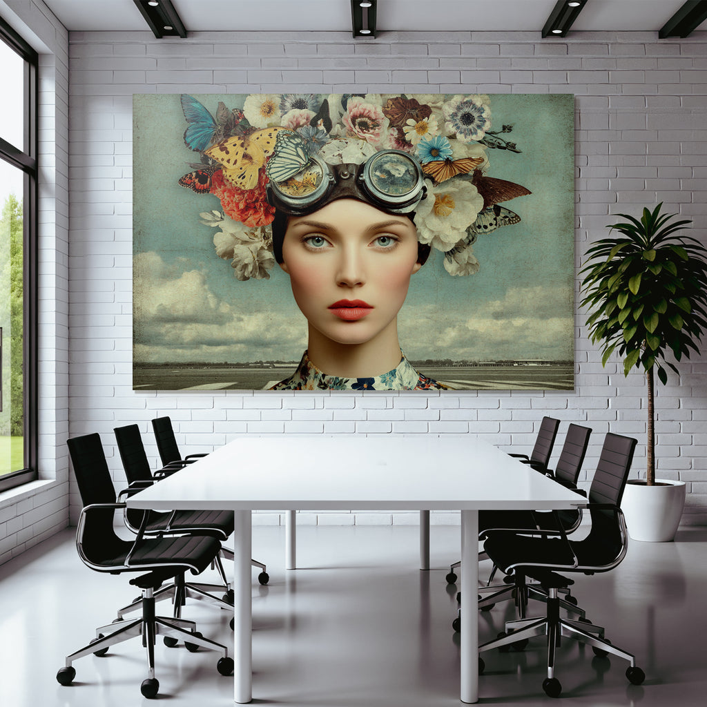 Kuenstlerisches Portraet Frau Blumen Und Schmetterlinge Mit Goggles Hintergrund Landschaft