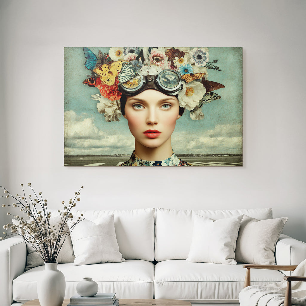 Kuenstlerisches Portraet Frau Blumen Und Schmetterlinge Mit Goggles Hintergrund Landschaft