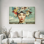 Kuenstlerisches Portraet Frau Blumen Und Schmetterlinge Mit Goggles Hintergrund Landschaft