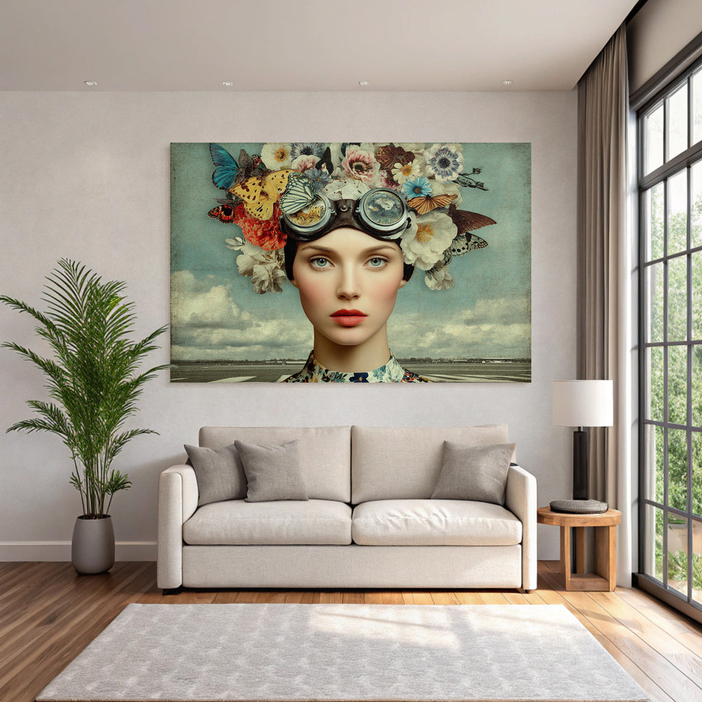 Kuenstlerisches Portraet Frau Blumen Und Schmetterlinge Mit Goggles Hintergrund Landschaft