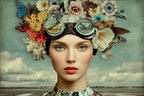 Kuenstlerisches Portraet Frau Blumen Und Schmetterlinge Mit Goggles Hintergrund Landschaft | Digital Art | Kunstgattungen