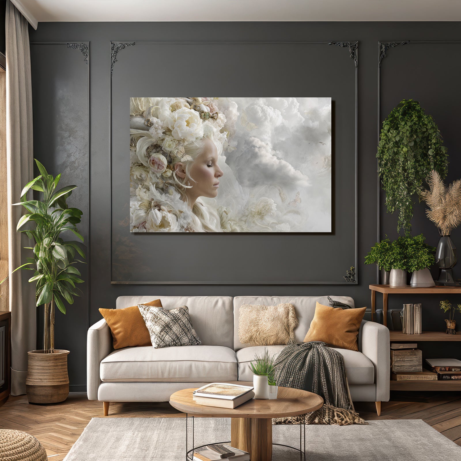 Kuenstlerisches Portraet Frau Mit Blumen Und Schmetterlingen Im Hintergrund