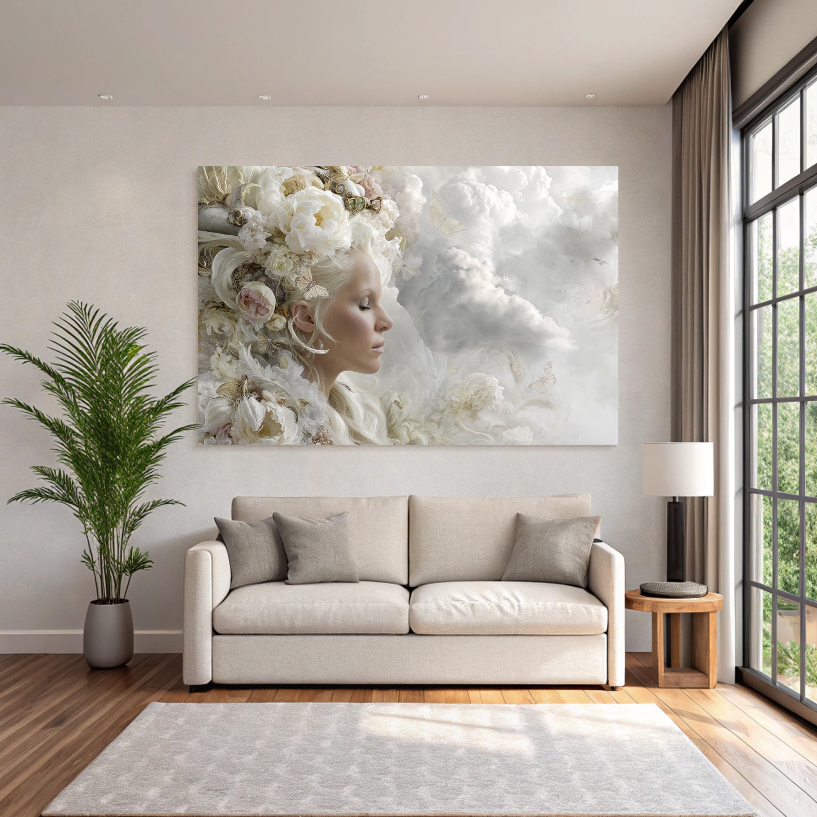 Kuenstlerisches Portraet Frau Mit Blumen Und Schmetterlingen Im Hintergrund