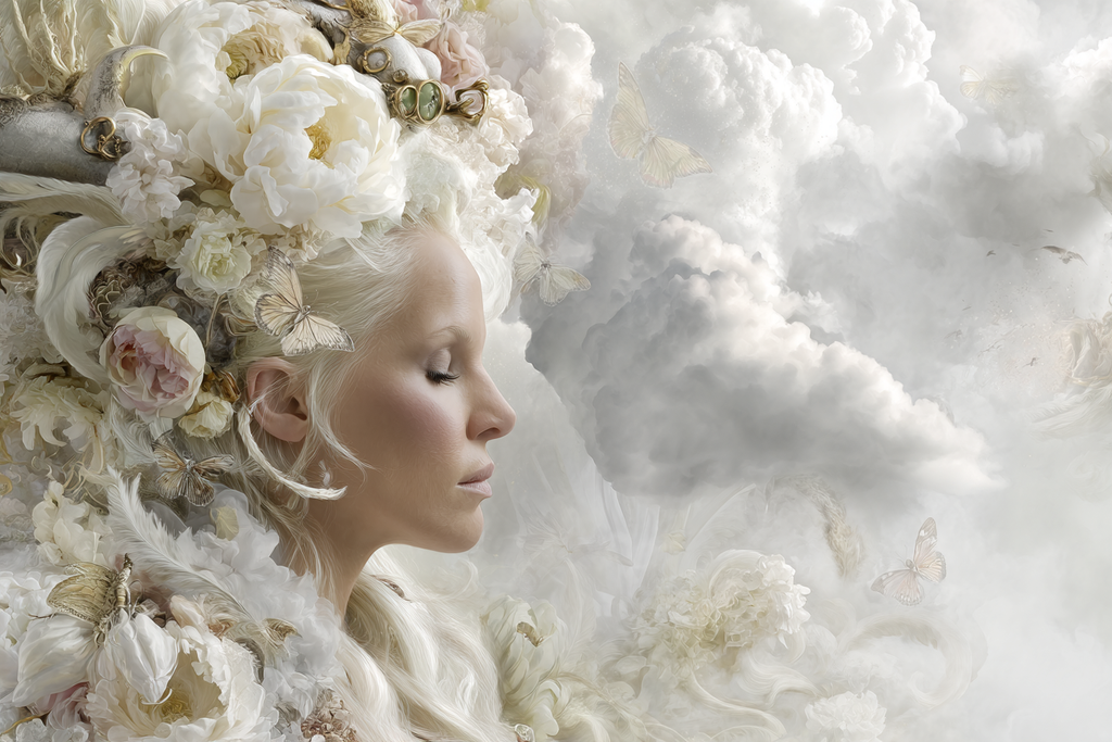 Kuenstlerisches Portraet Frau Mit Blumen Und Schmetterlingen Im Hintergrund | Digital Art | Kunstgattungen