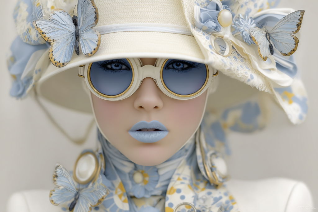 Modisches Portrait Mit Blumenhut Und Butterfliegen Und Blauem Lippenstift | Digital Art | Kunstgattungen