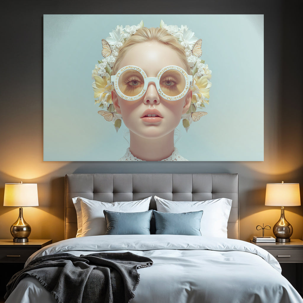 Person Mit Beruhigendem Ausdruck Und Uebergrossen Sonnenbrillen Blumen Und Butterflies