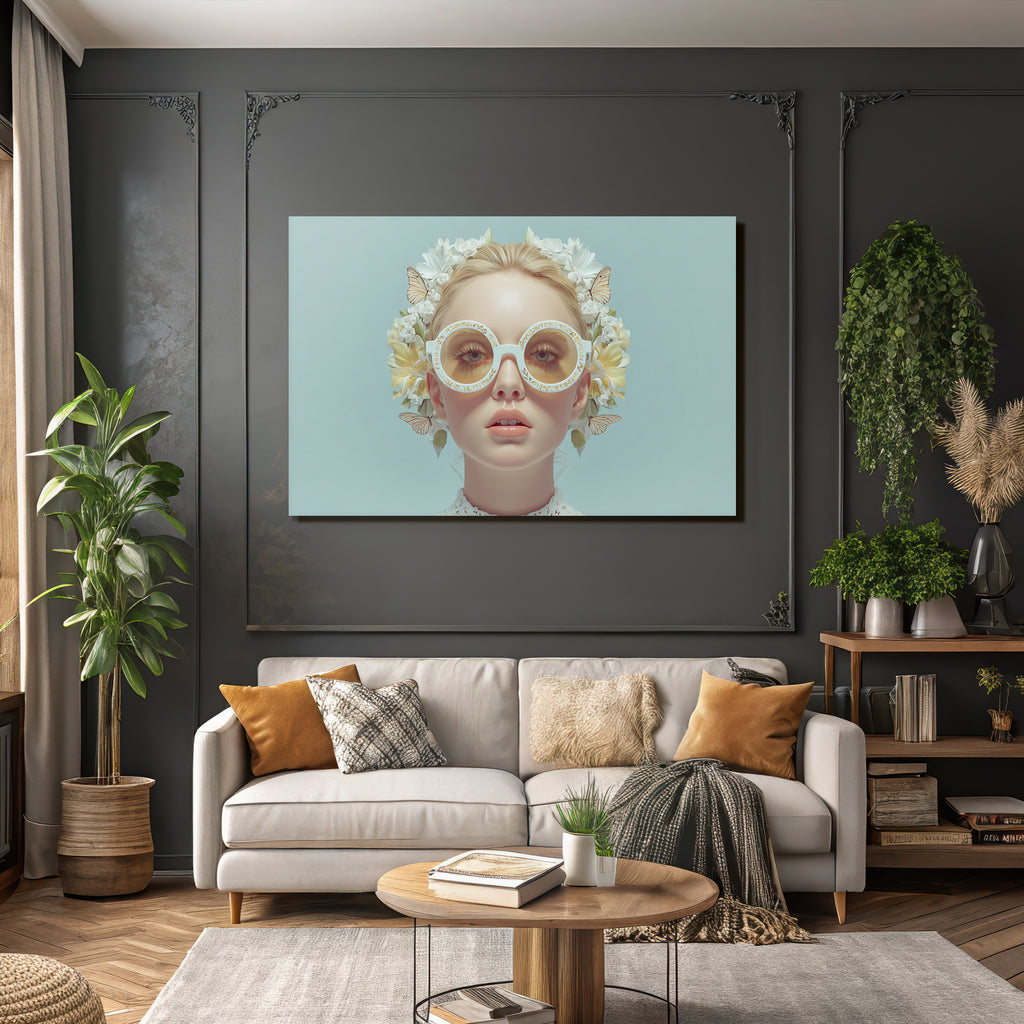 Person Mit Beruhigendem Ausdruck Und Uebergrossen Sonnenbrillen Blumen Und Butterflies