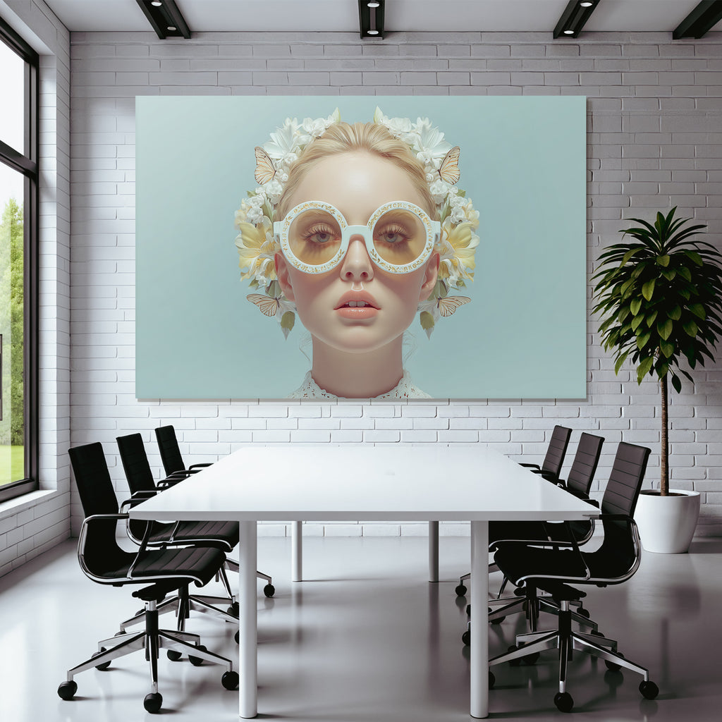 Person Mit Beruhigendem Ausdruck Und Uebergrossen Sonnenbrillen Blumen Und Butterflies