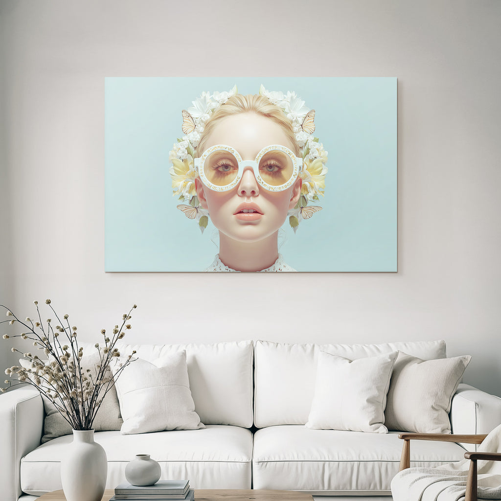 Person Mit Beruhigendem Ausdruck Und Uebergrossen Sonnenbrillen Blumen Und Butterflies