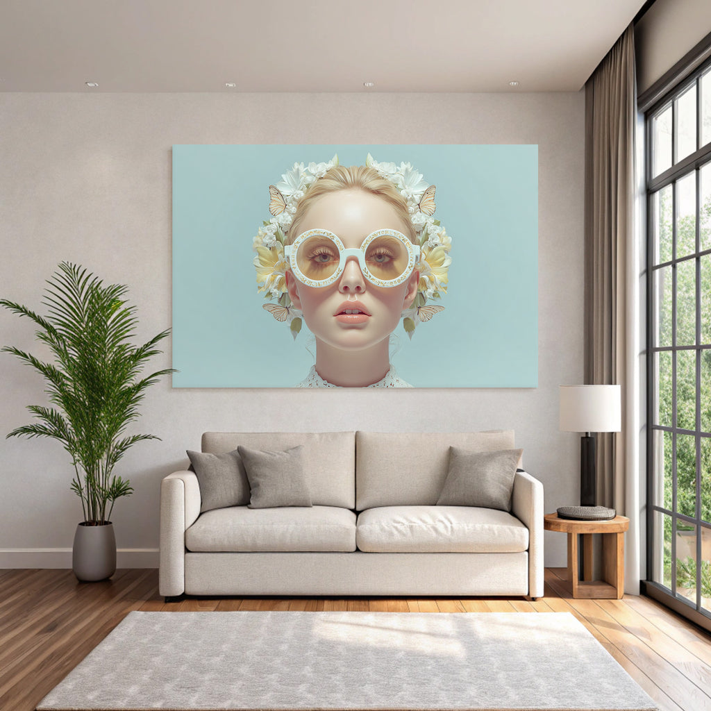 Person Mit Beruhigendem Ausdruck Und Uebergrossen Sonnenbrillen Blumen Und Butterflies