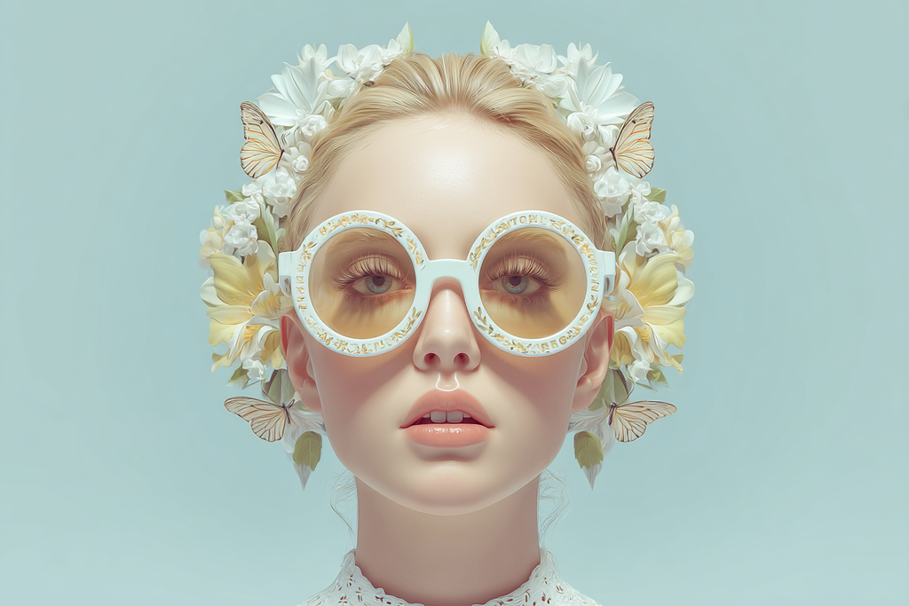 Person Mit Beruhigendem Ausdruck Und Uebergrossen Sonnenbrillen Blumen Und Butterflies | Digital Art | Kunstgattungen