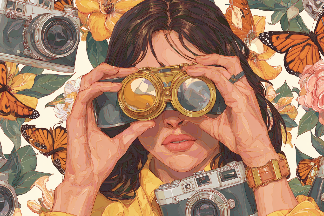 Person Mit Binokularen Und Kameras In Blumengarten | Digital Art | Kunstgattungen