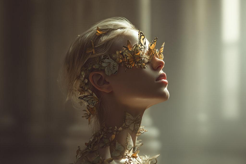 Person Mit Schmetterlingen In Kontemplativem Pose | Digital Art | Kunstgattungen