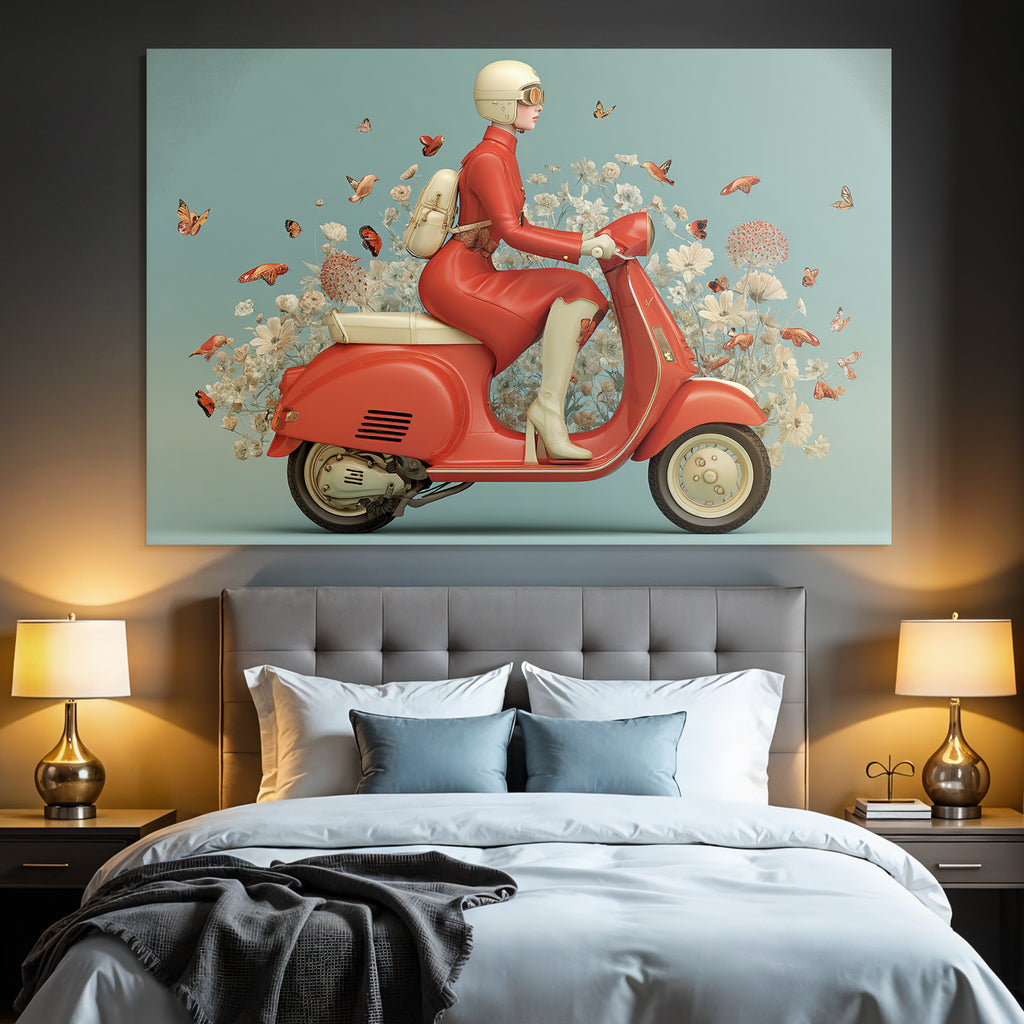 Person Mit Vintage Scooter Rote Kleidung Mit Butterflies Und Blumen