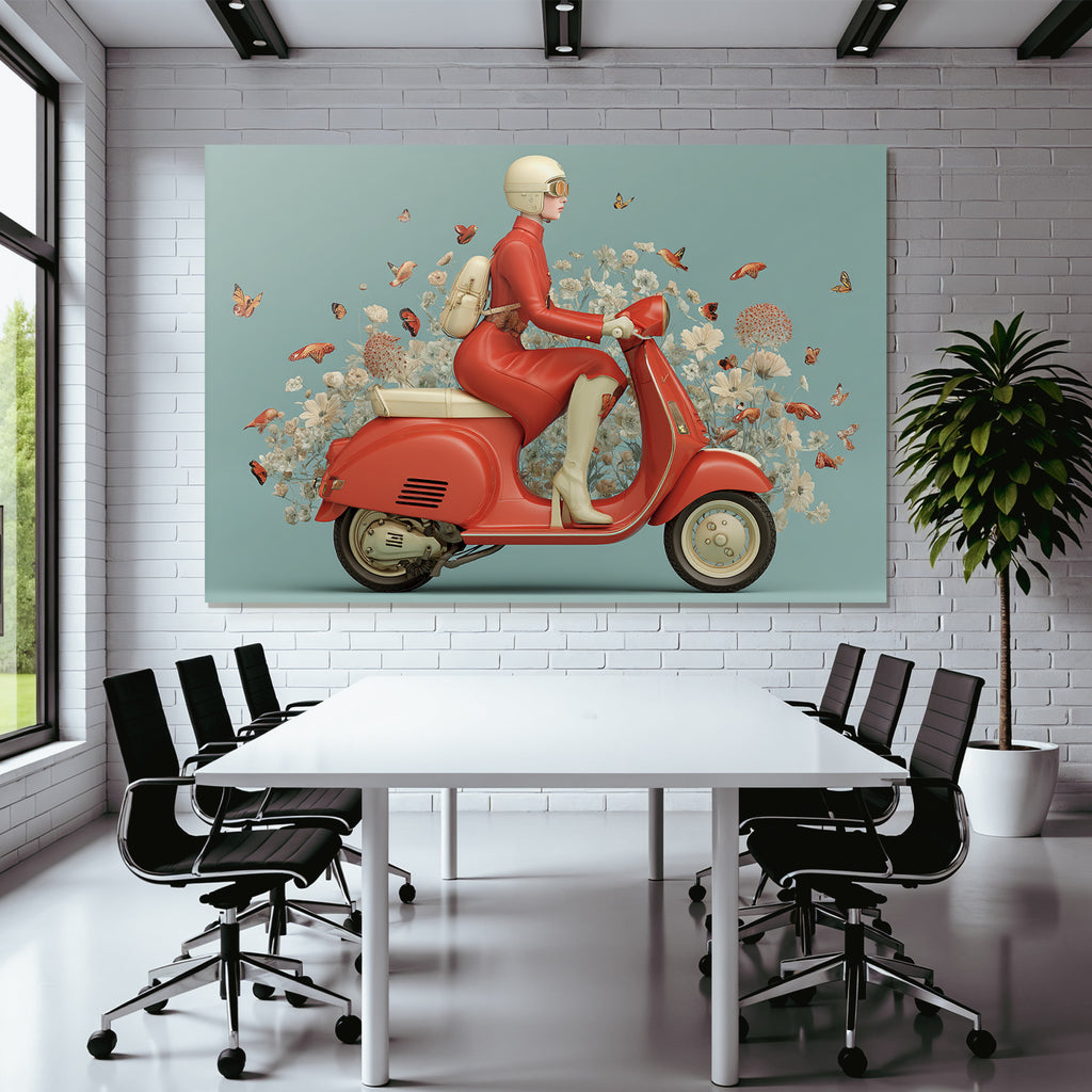 Person Mit Vintage Scooter Rote Kleidung Mit Butterflies Und Blumen