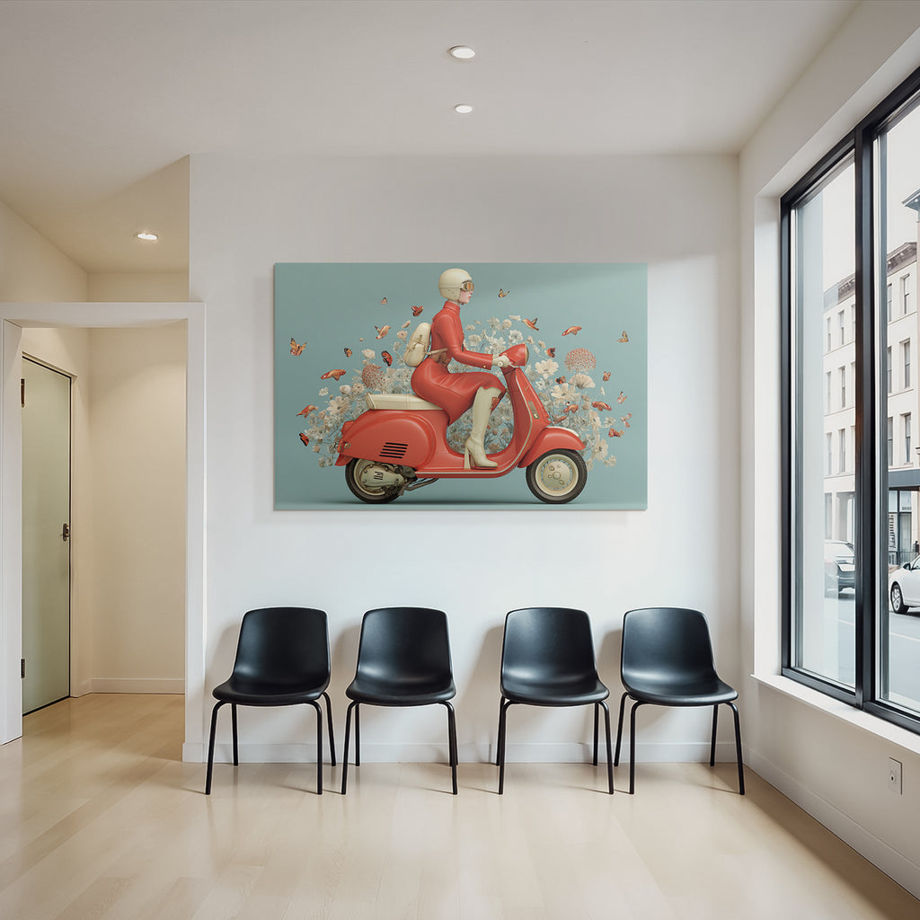 Person Mit Vintage Scooter Rote Kleidung Mit Butterflies Und Blumen