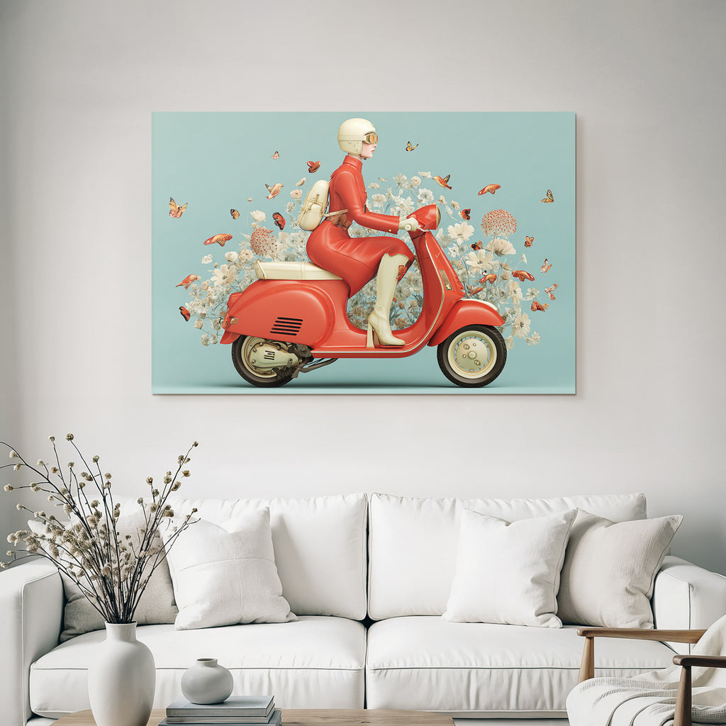 Person Mit Vintage Scooter Rote Kleidung Mit Butterflies Und Blumen