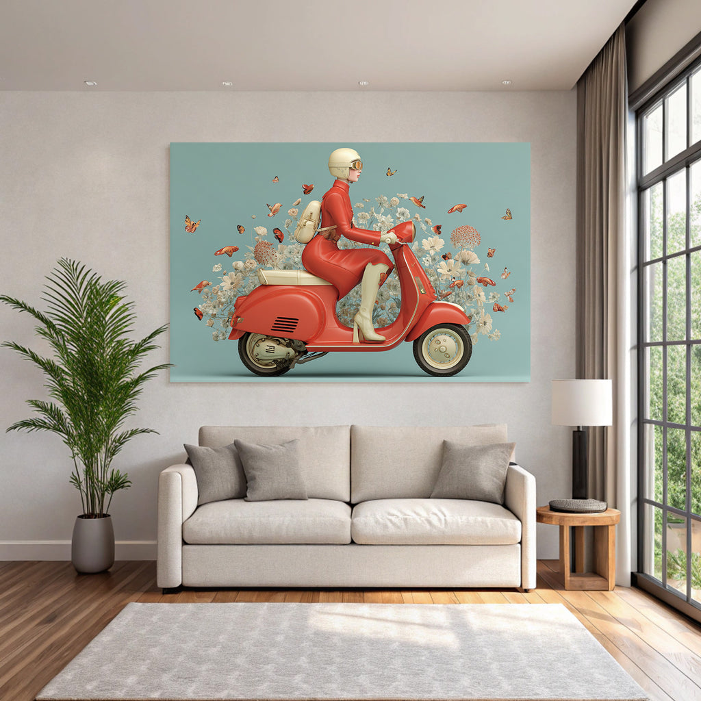 Person Mit Vintage Scooter Rote Kleidung Mit Butterflies Und Blumen