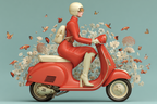 Person Mit Vintage Scooter Rote Kleidung Mit Butterflies Und Blumen | Digital Art | Kunstgattungen