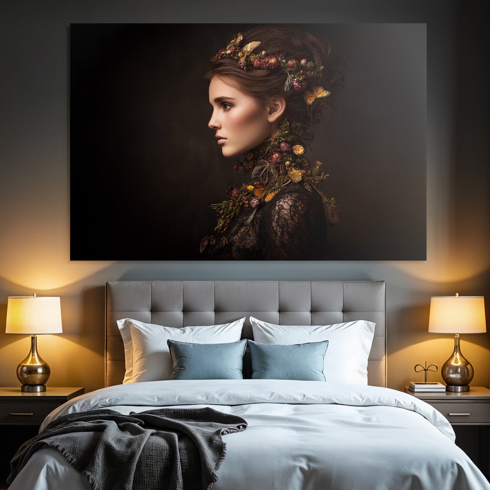 Portrait Der Frau Mit Blumen Und Butterfliegen In Den Hair Und Dunklem Hintergrund