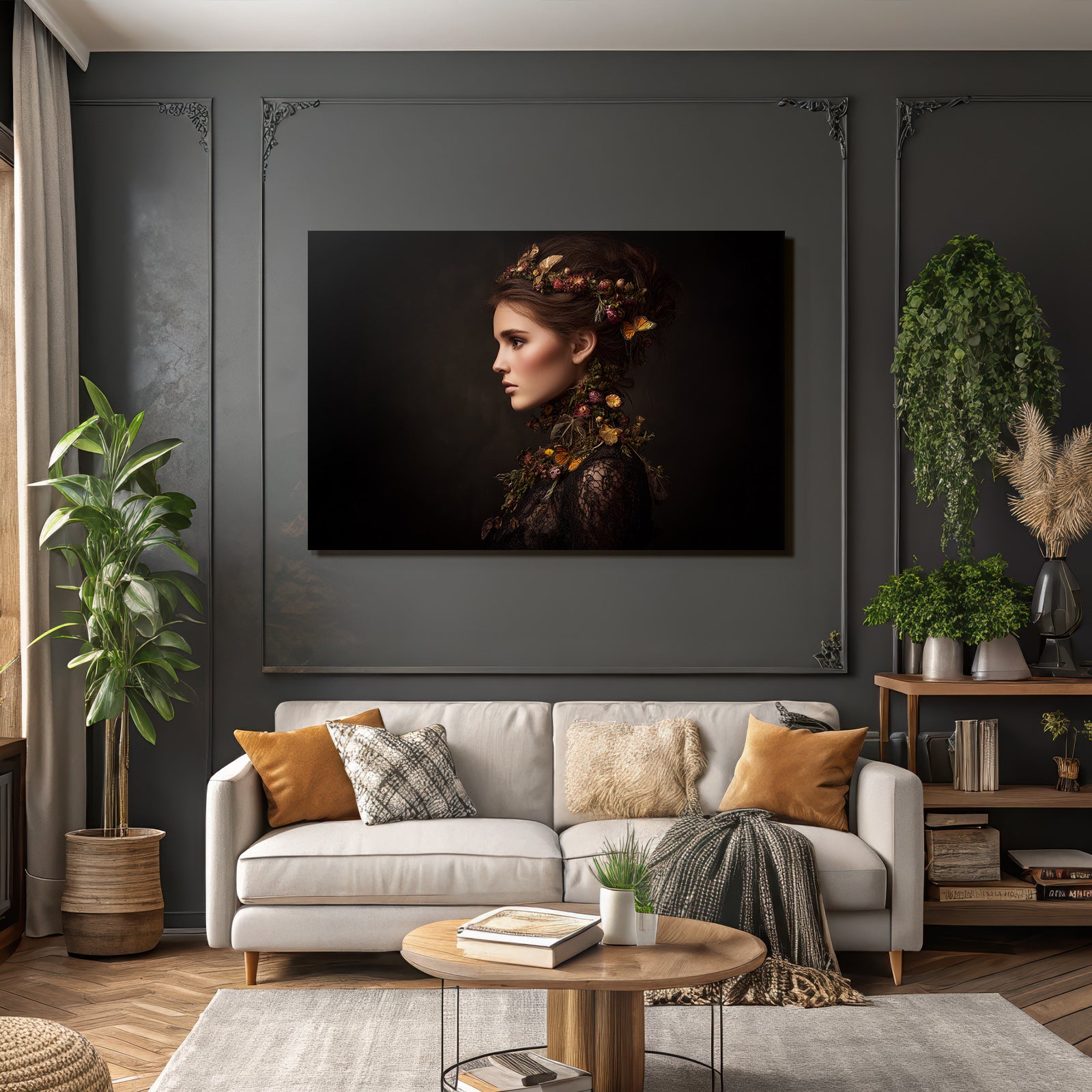 Portrait Der Frau Mit Blumen Und Butterfliegen In Den Hair Und Dunklem Hintergrund