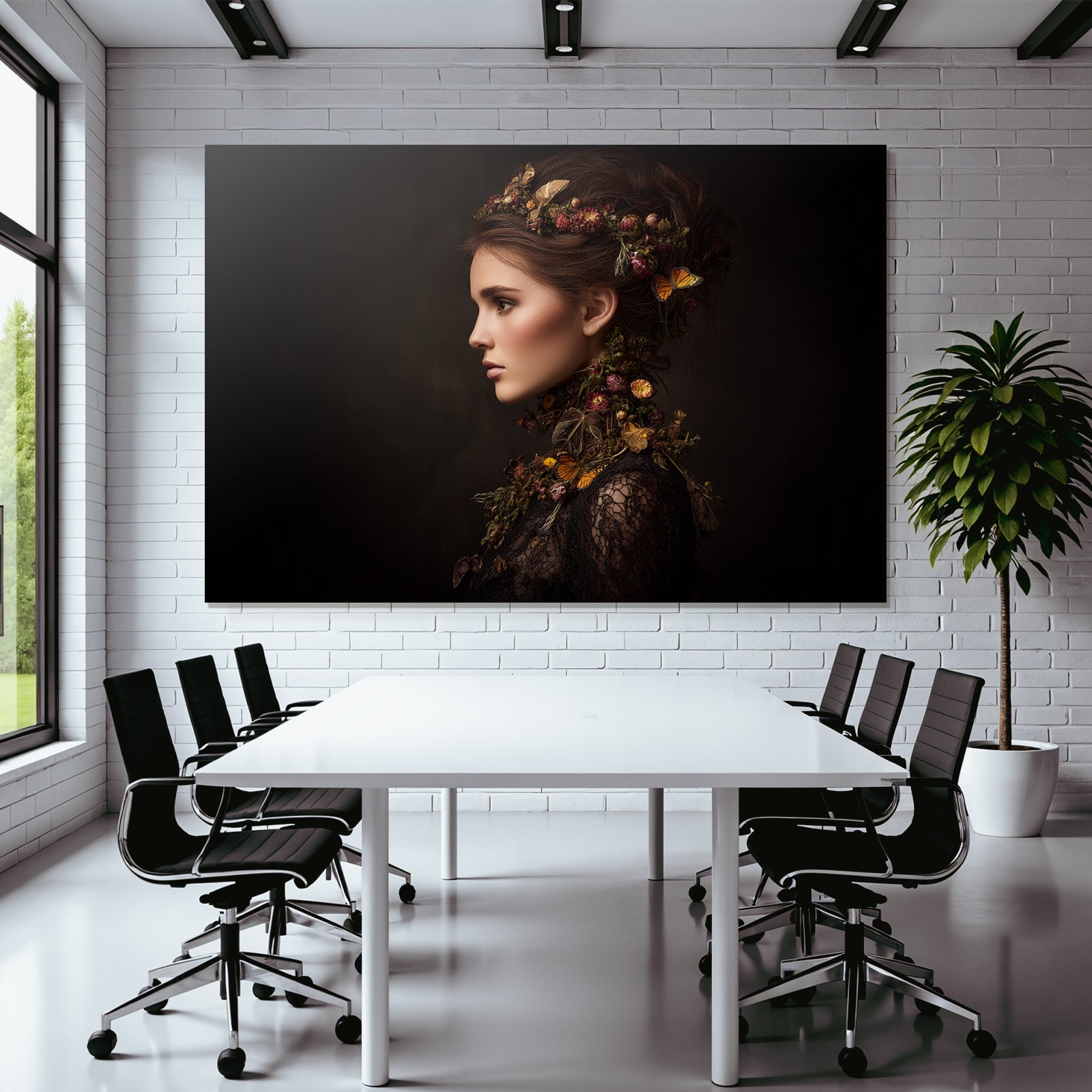 Portrait Der Frau Mit Blumen Und Butterfliegen In Den Hair Und Dunklem Hintergrund