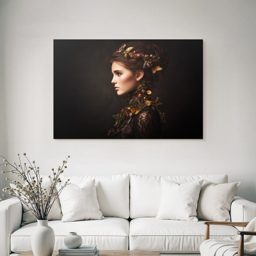 Portrait Der Frau Mit Blumen Und Butterfliegen In Den Hair Und Dunklem Hintergrund
