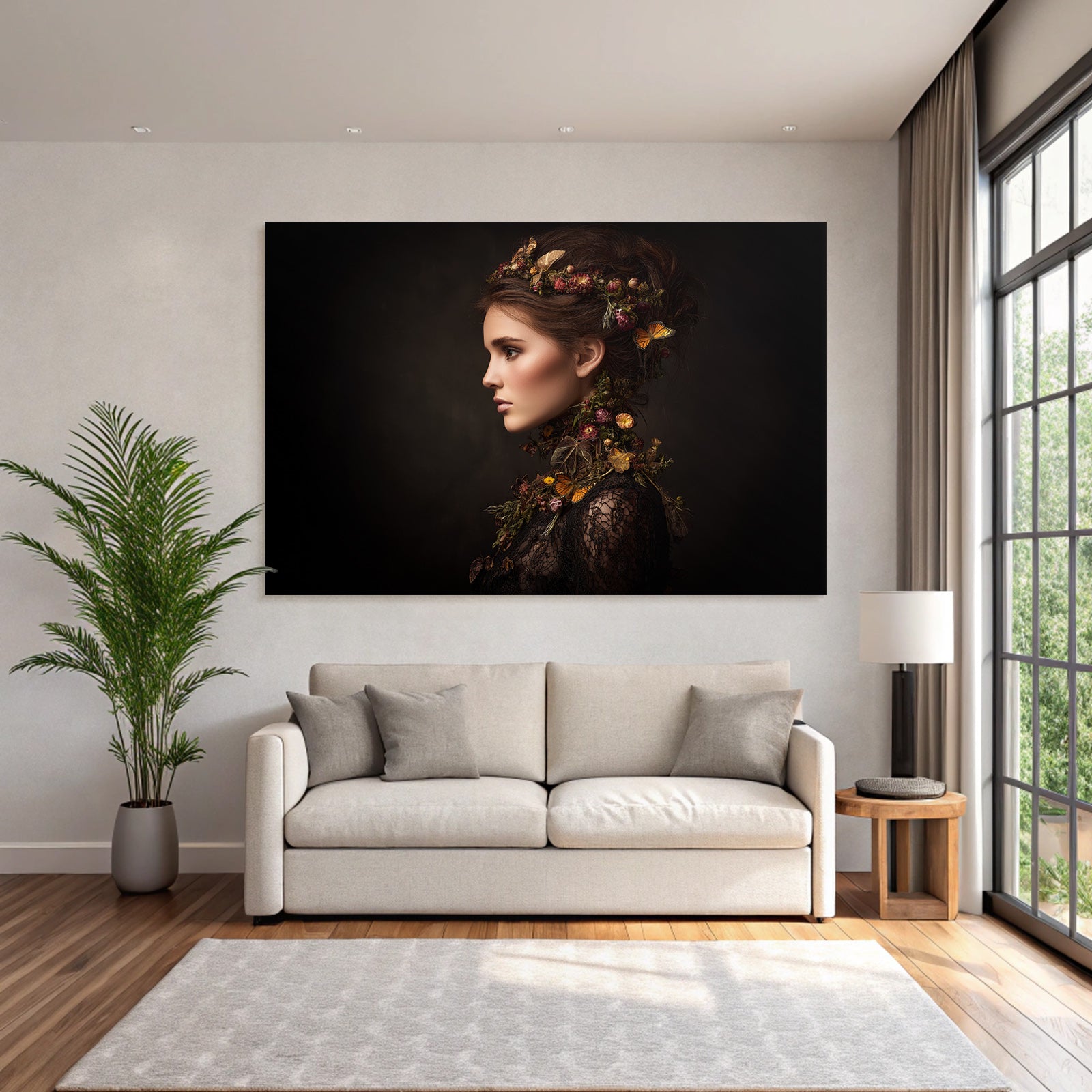 Portrait Der Frau Mit Blumen Und Butterfliegen In Den Hair Und Dunklem Hintergrund