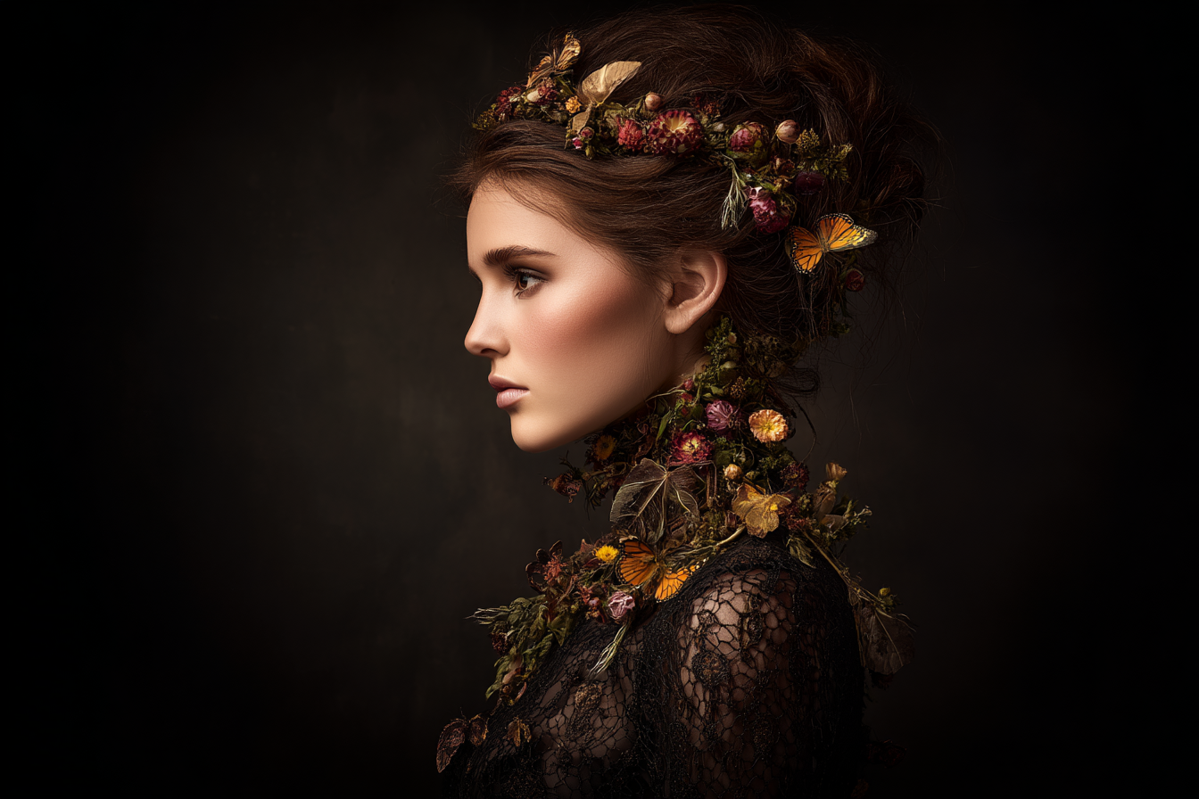 Portrait Der Frau Mit Blumen Und Butterfliegen In Den Hair Und Dunklem Hintergrund | Digital Art | Kunstgattungen