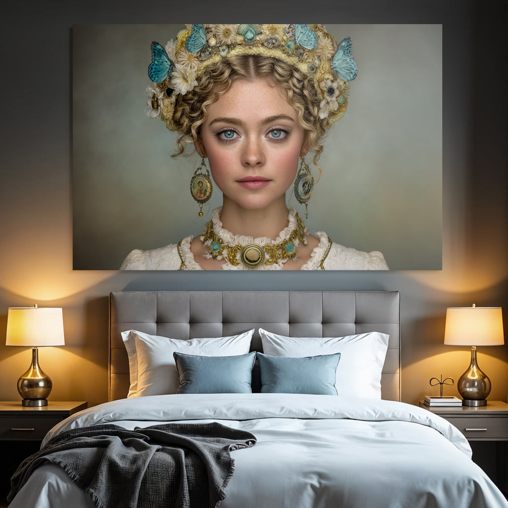 Schmucke Frau Mit Blumen Und Schmetterlingen Historischer Stil
