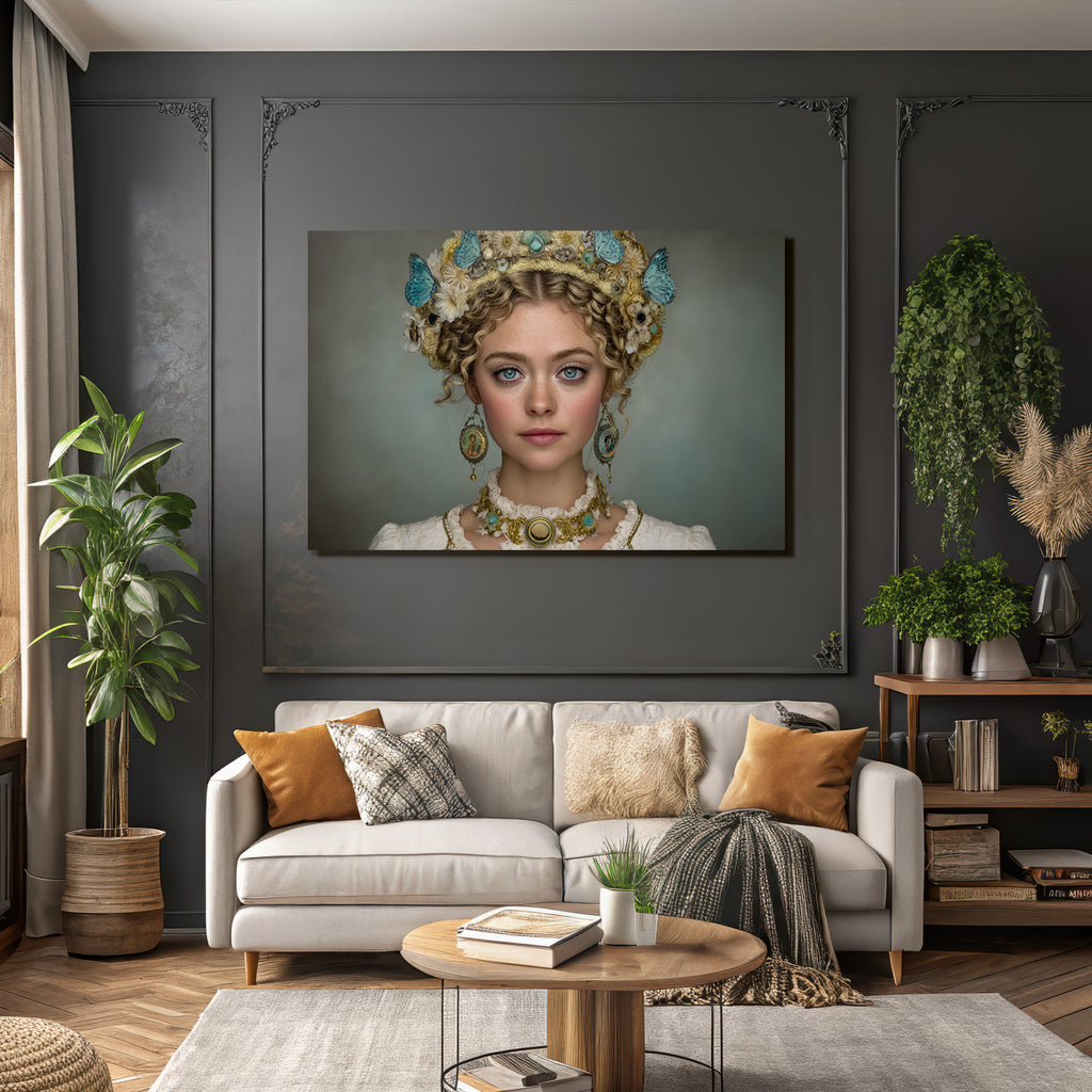 Schmucke Frau Mit Blumen Und Schmetterlingen Historischer Stil