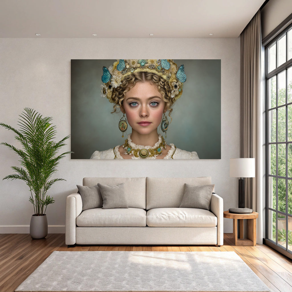 Schmucke Frau Mit Blumen Und Schmetterlingen Historischer Stil