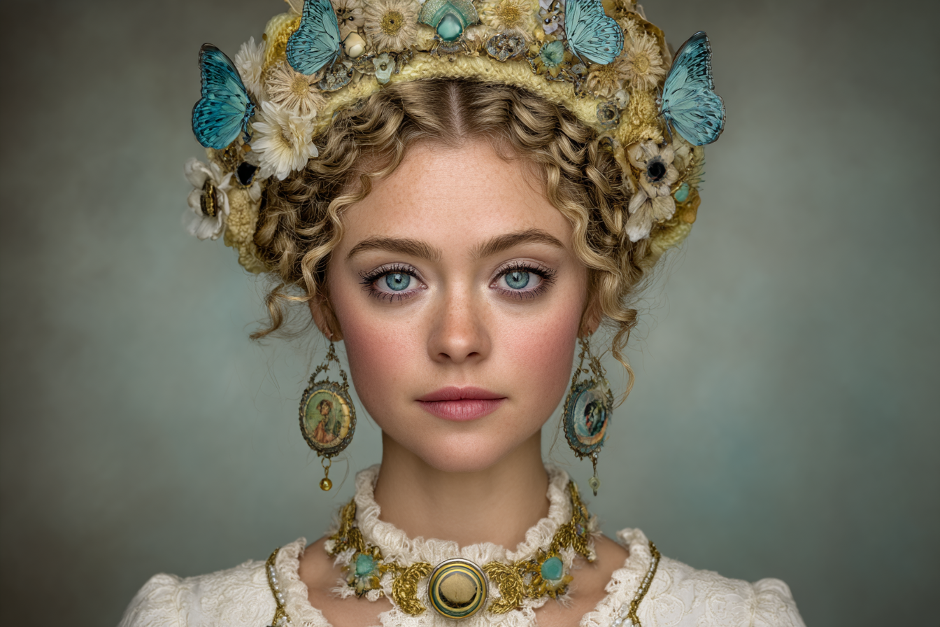 Schmucke Frau Mit Blumen Und Schmetterlingen Historischer Stil | Digital Art | Kunstgattungen