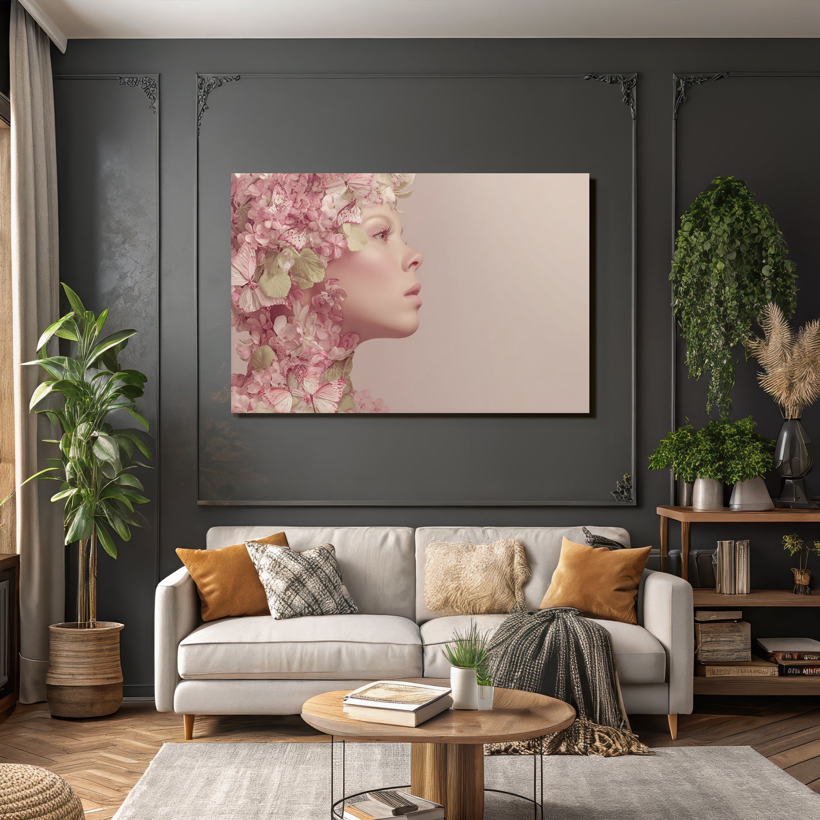 Stilisiertes Portrait Mit Flora Und Butterflies Pastellfarben