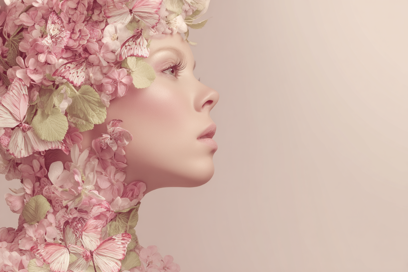 Stilisiertes Portrait Mit Flora Und Butterflies Pastellfarben | Digital Art | Kunstgattungen
