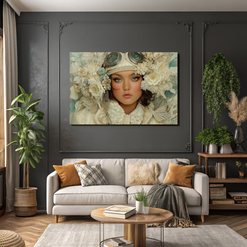 Stylisierte Blumenportraet Mit Gruenen Augen Und Delikater Me Makeup