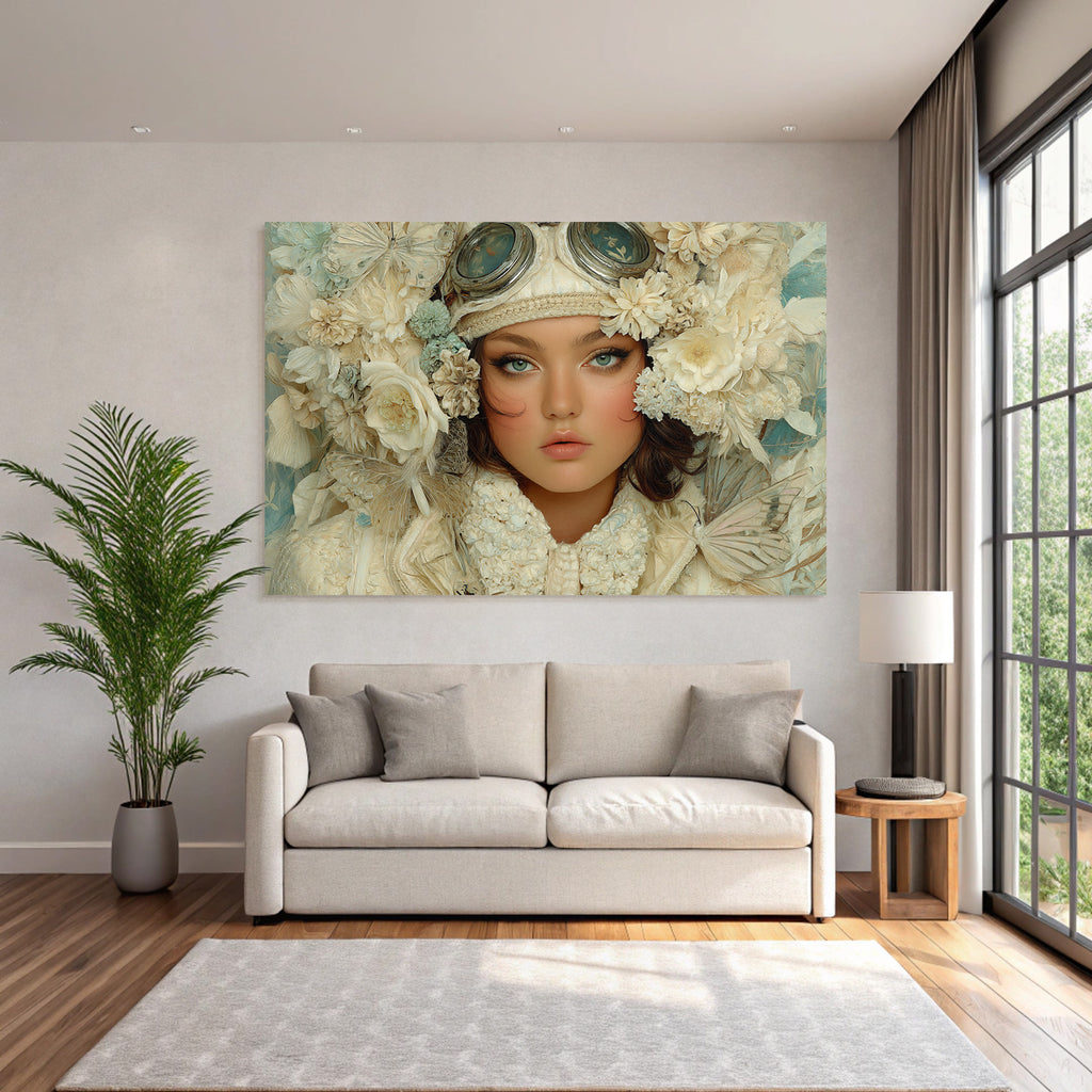 Stylisierte Blumenportraet Mit Gruenen Augen Und Delikater Me Makeup