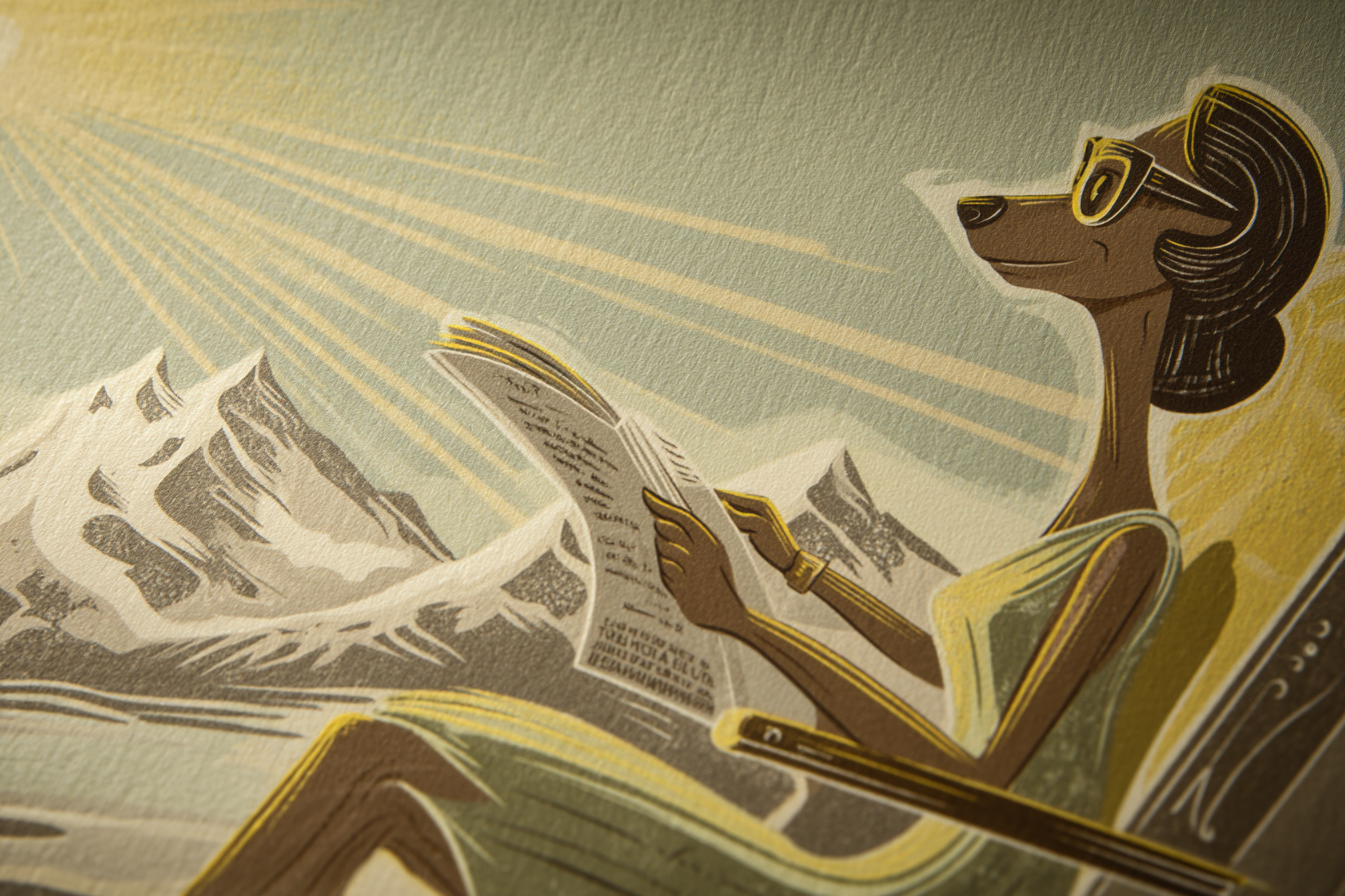 Stylisierte Frau Entspannt Im Freien Lesen Eine Zeitschrift Mit Bergen Sonne Vintage | Digital Art | Kunstgattungen