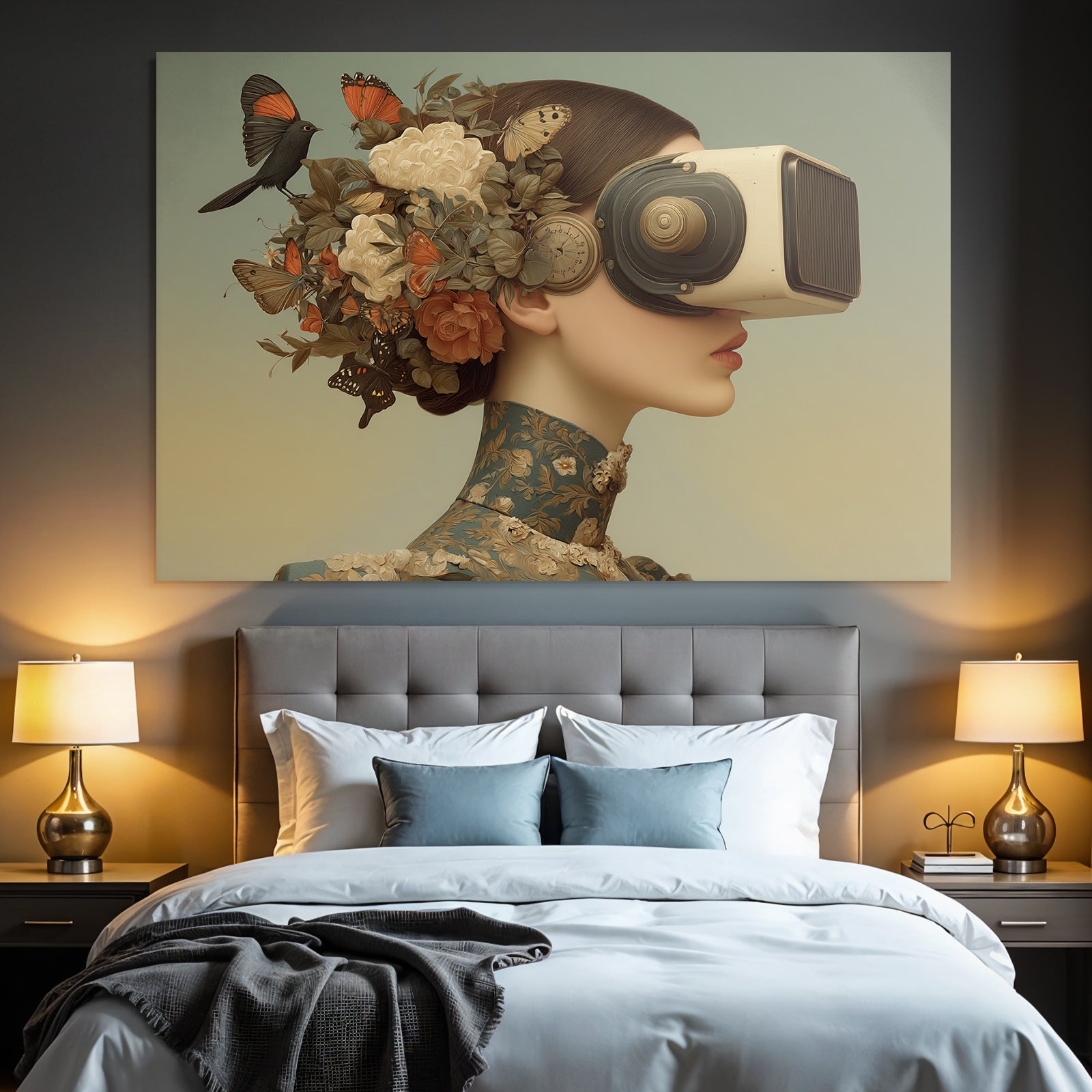 Stylisierte Frau Mit Vintage Virtual Reality Headset Blumen Und Schmetterlinge