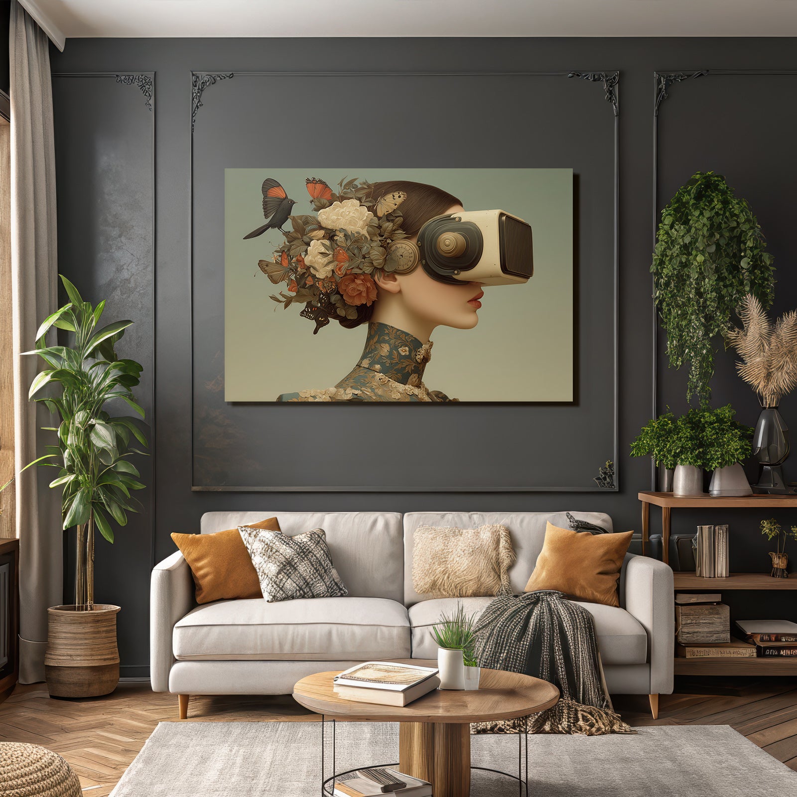Stylisierte Frau Mit Vintage Virtual Reality Headset Blumen Und Schmetterlinge