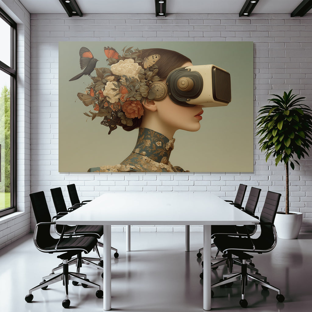 Stylisierte Frau Mit Vintage Virtual Reality Headset Blumen Und Schmetterlinge