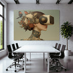 Stylisierte Frau Mit Vintage Virtual Reality Headset Blumen Und Schmetterlinge