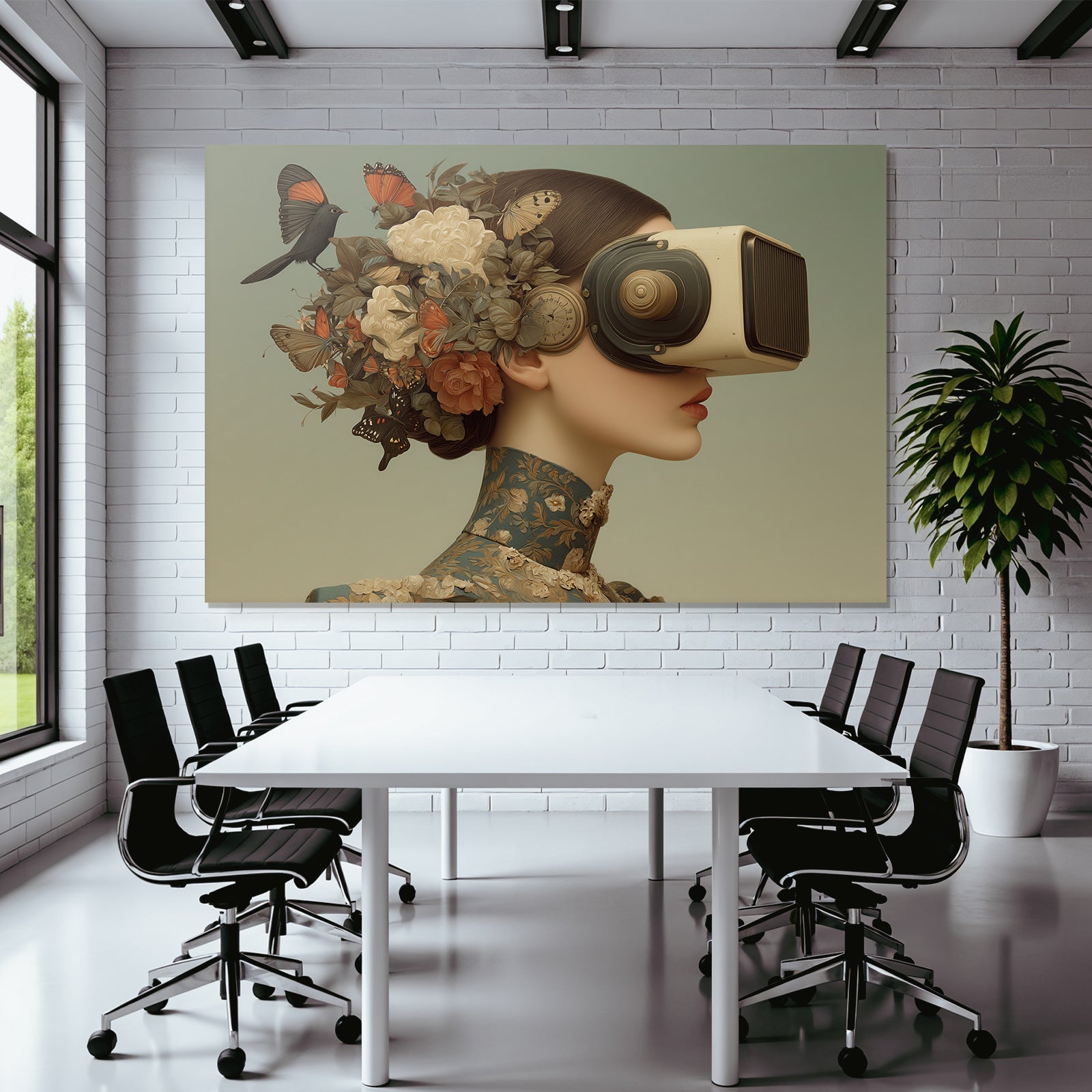 Stylisierte Frau Mit Vintage Virtual Reality Headset Blumen Und Schmetterlinge